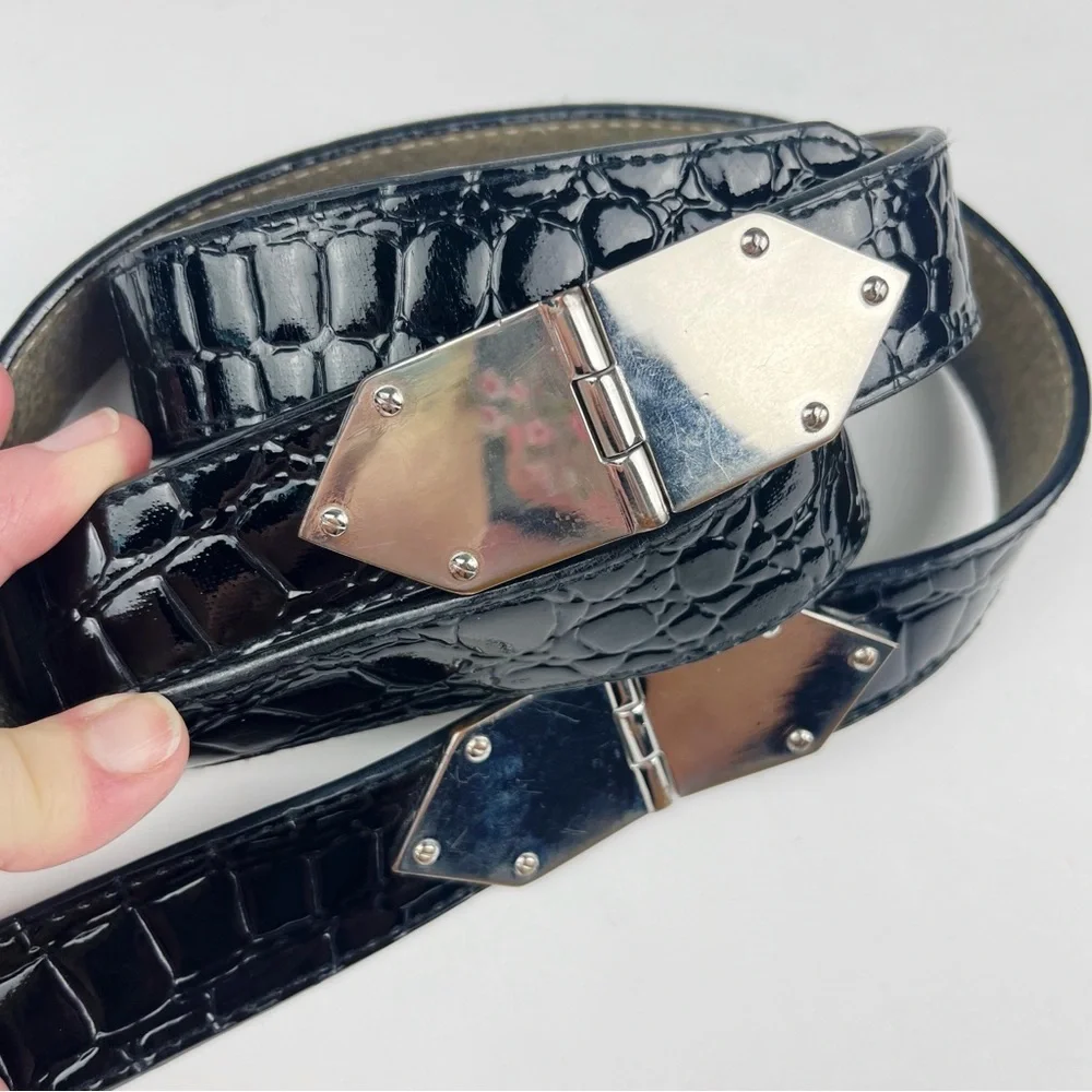 Chico’s Black Embossed Patent Leather Belt Silver Accents